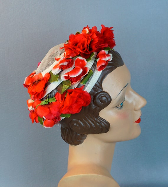 50s Red Silk Rose Hat by Lemington
