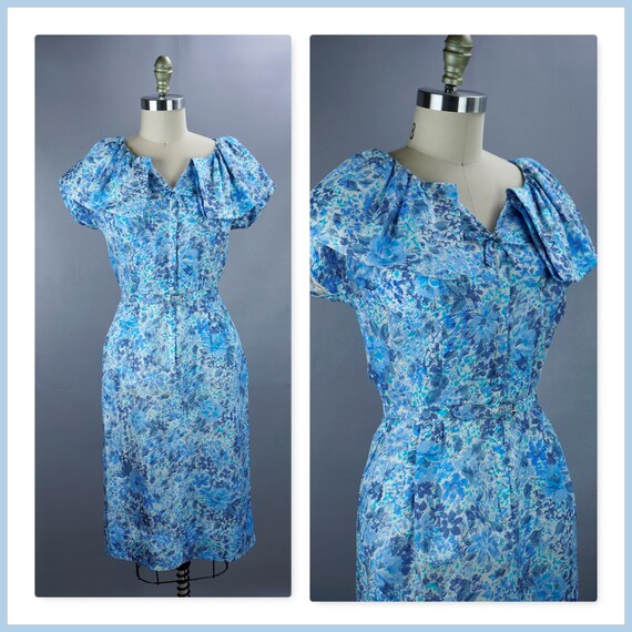 Vintage Dress, 1950s Blue Floral Dress, Zip Front