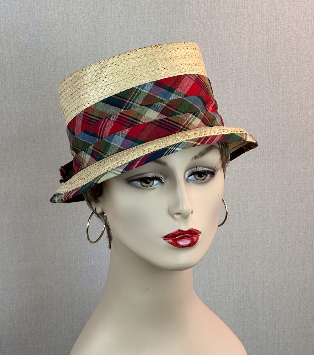 60s Lady Dobbs Natural Straw and Madras Fedora Sz 22 1/2 NOS Etsy