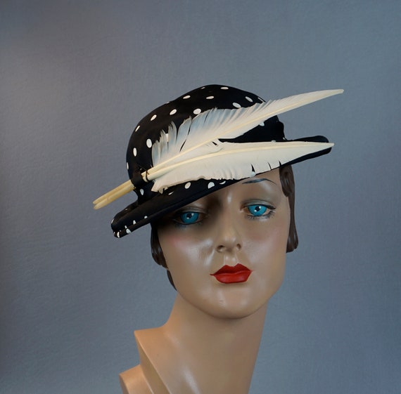 1950s Black and White Polka Dot Feathered Derby H… - image 5