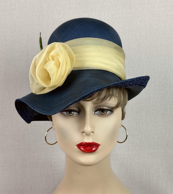 1960s Vintage Cream And Navy Blue Wide Brimmed Straw Hat With Blue Velvet Ribbon Schiaparelli 1960s Navy & Cream Straw Wide Brim Sun Hat  main image 4