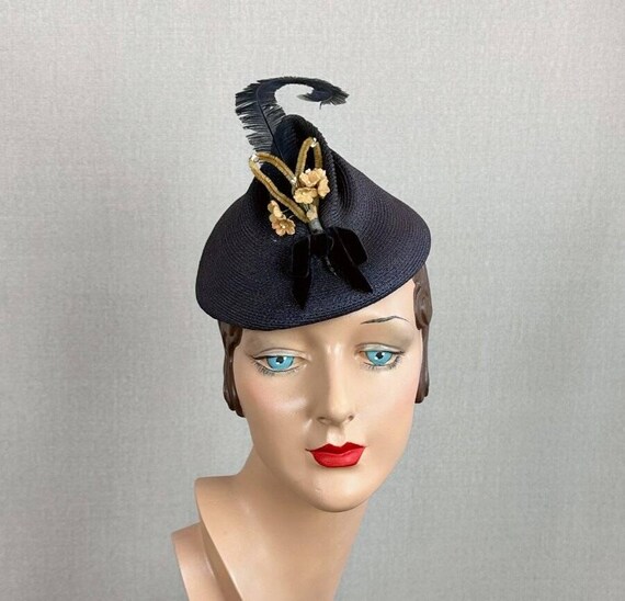 Vintage 1940s Navy Blue Straw Tilt Pixie Hat - Etsy New Zealand display picture 1