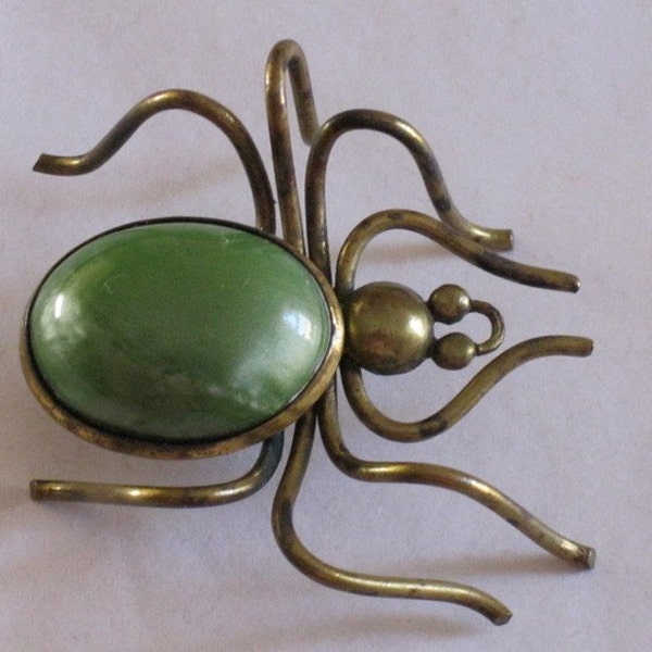 Vintage 30s 40s Large Brass Spider Broach Pin Green Lucite Belly
