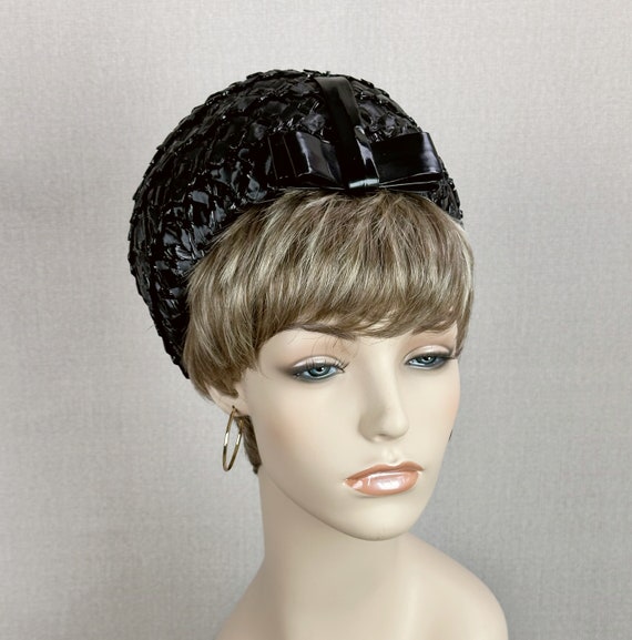Vintage 60s Black Cello Straw Pillbox Hat by G Ho… - image 3