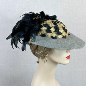 Grey Felt Wide Brim Hat with Large Array of Black and Gold Feathers, Sz 21