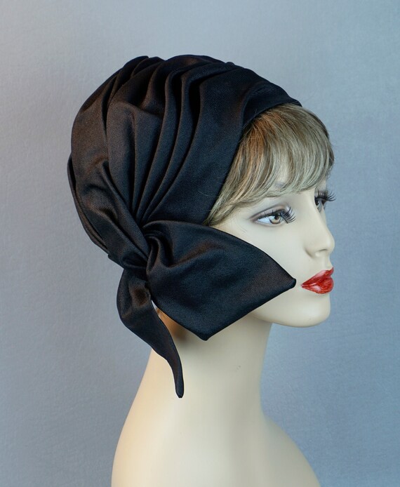Vintage Hat, 60s Black Faille Turban, Turban Hat w