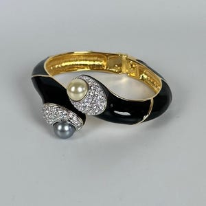 Vintage Kenneth Jay Lane KJL Black Enamel Rhinestone and Pearl Clamper Bracelet, Treasures of the Duchess, Original Box and Papers