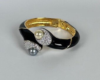 Vintage KJL Black Enamel Clamper Bracelet: Rhinestone & Pearl, Original Box