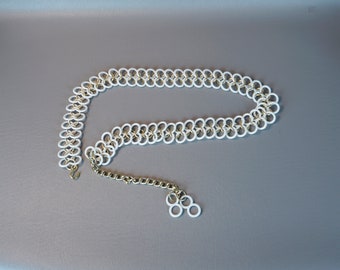 Vintage Belt, White Plastic Loops, Adjustable Metal Chain Belt, Double Loop Belt