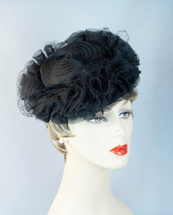 Vintage Hat, 40s Tilt Hat, Black Ruffled Tilt, 40s