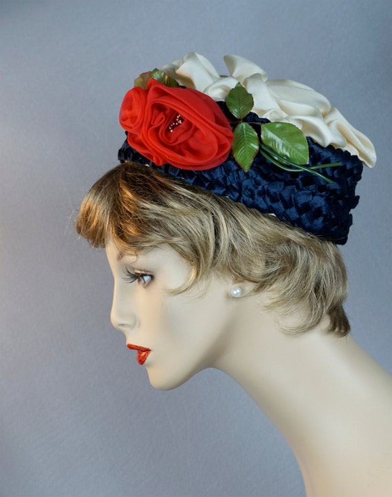 Vintage Hat, Navy Blue Straw Pillbox, Silk Rose Pi