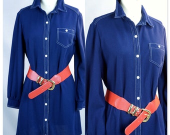Vintage 70s Navy Blue Butte Knit Long Sleeve Coat Dress, Sz 18, B40