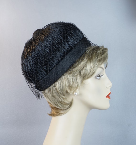 60s Black Straw Bubble Crown Pillbox Hat