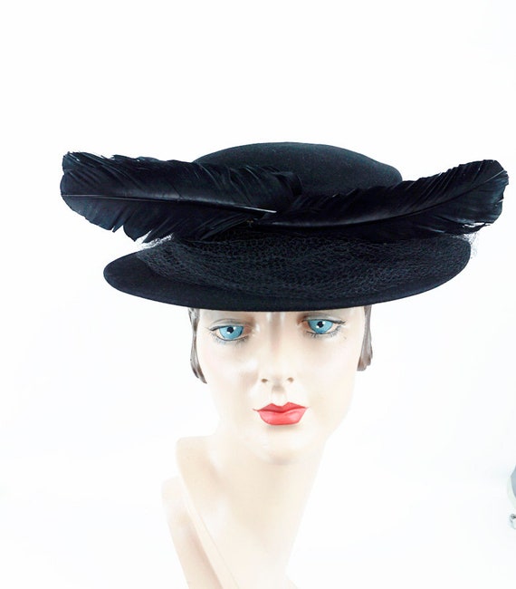 Vintage Hat, Black Feathered Boater, Marlea Hats,