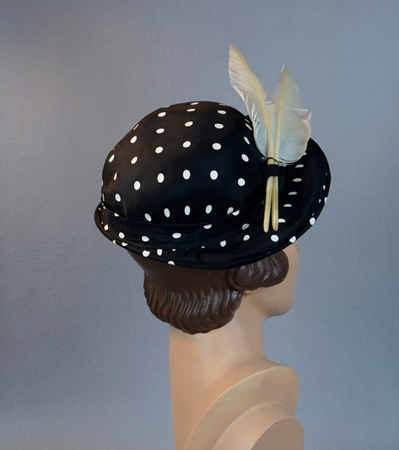 1950s Black and White Polka Dot Feathered Derby H… - image 7