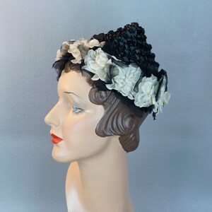 60s Black Wide Weave Straw Pixie Hat with White Silk Florals