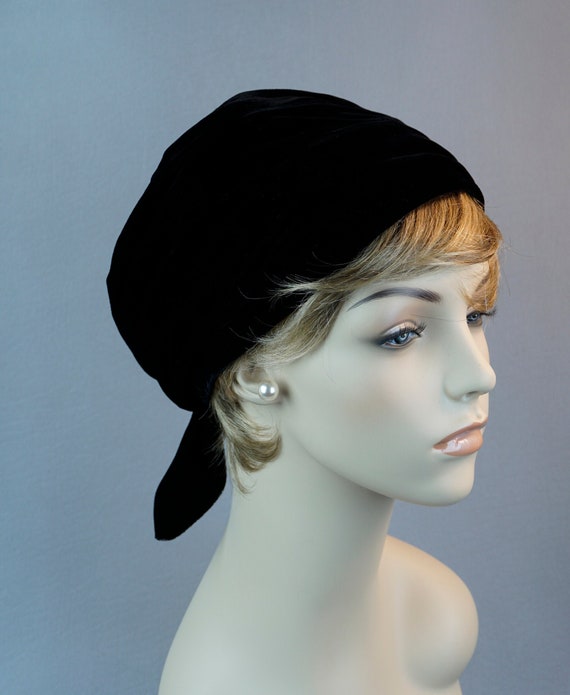 Black Velvet Turban, Vintage Velvet Hat, Adjustabl