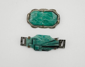 Två tjeckiska glasbroscher i aqua från 1920-talet