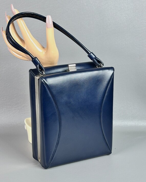 Vintage 50s Navy Blue Box Handbag - Purse - image 2