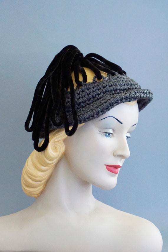 40s Grey Crochet Hat with Brown Velvet Loops by A… - image 3