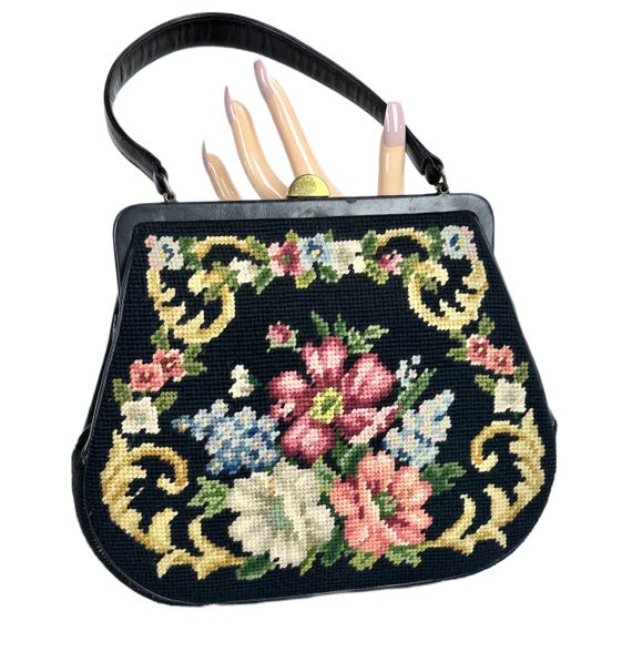 Vintage 50s Needlepoint Handbag, Colorful Floral Design