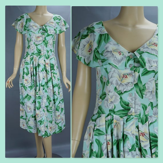 Vintage Dress, Romantic Floral Summer Dress, Green