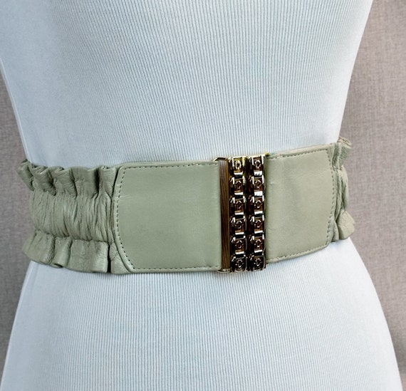 Vintage Tan Leather Ruched Belt, Wide Stretch Belt - image 2