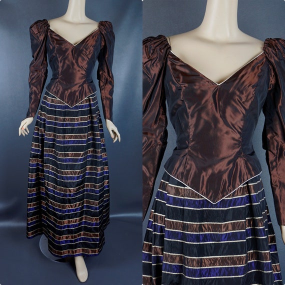 1980s Evening Gown, Bronze Formal Gown, Taffeta Br