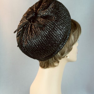 60s Black Straw Bubble Crown Pillbox Hat, Samuel Spigel