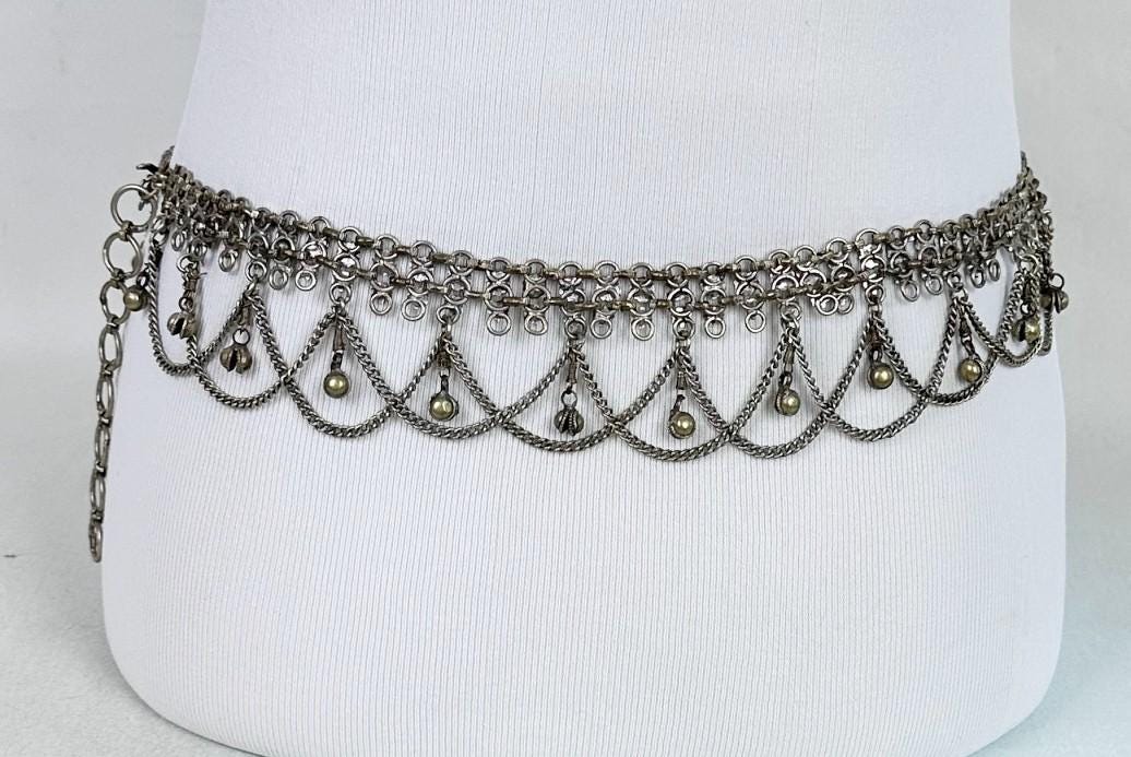 Vtg Authentic Silver tone Belly Dancer Chain-Link Belt & Bracelet W/Bells 35in Draping Chain with Bells / Belly Dance Belt: Bells - Lark in  main image 3
