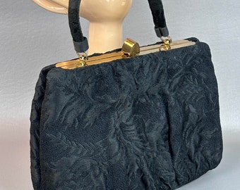 Vintage 1960s Black Formal Brocade Handbag by Lewis