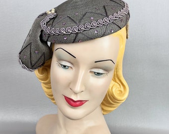 Vintage 1950s Grey Straw Cocktail Hat with Pearl Accents and Side Swag