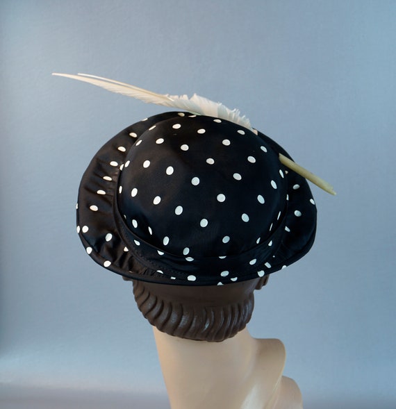 1950s Black and White Polka Dot Feathered Derby H… - image 3