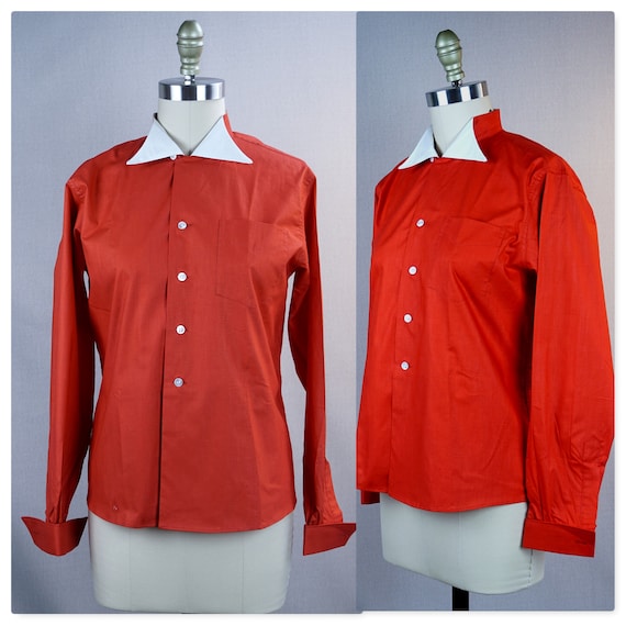 Vintage 1950s Red Cotton Tuxedo Shirt by Shapely … - image 1