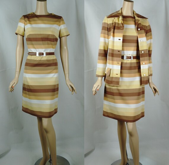 1970s Vintage Dress and Jacket, Earthtone Stripes
