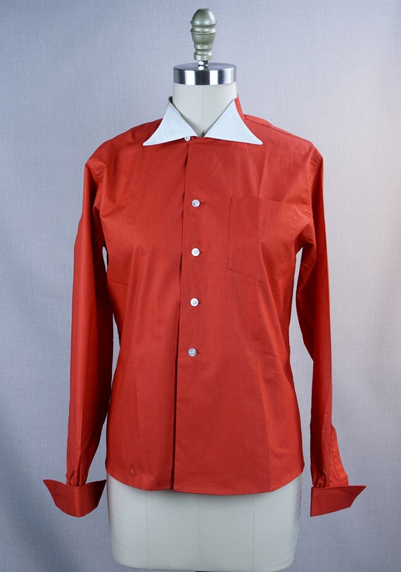 Vintage 1950s Red Cotton Tuxedo Shirt by Shapely … - image 9