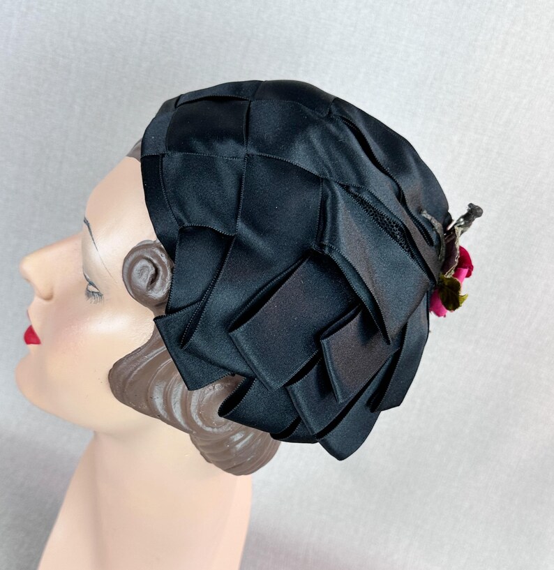 Stringed Toque Vintage 50s Black Satin Ribbon Toque by Dolly Trieste - Etsy