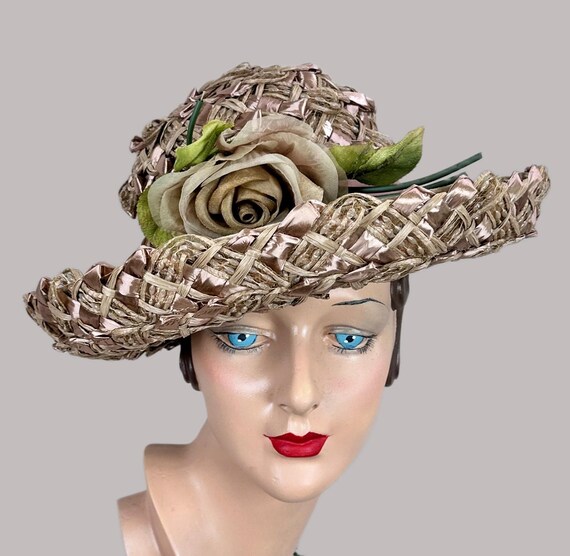 Vintage 60s Taupe Wide Weave Raffia Straw Breton Hat With  display picture 1