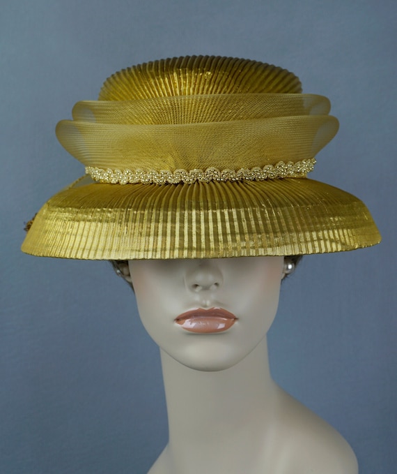 Statement Hat, 1990s Hat, Gold Mushroom Hat, Gold