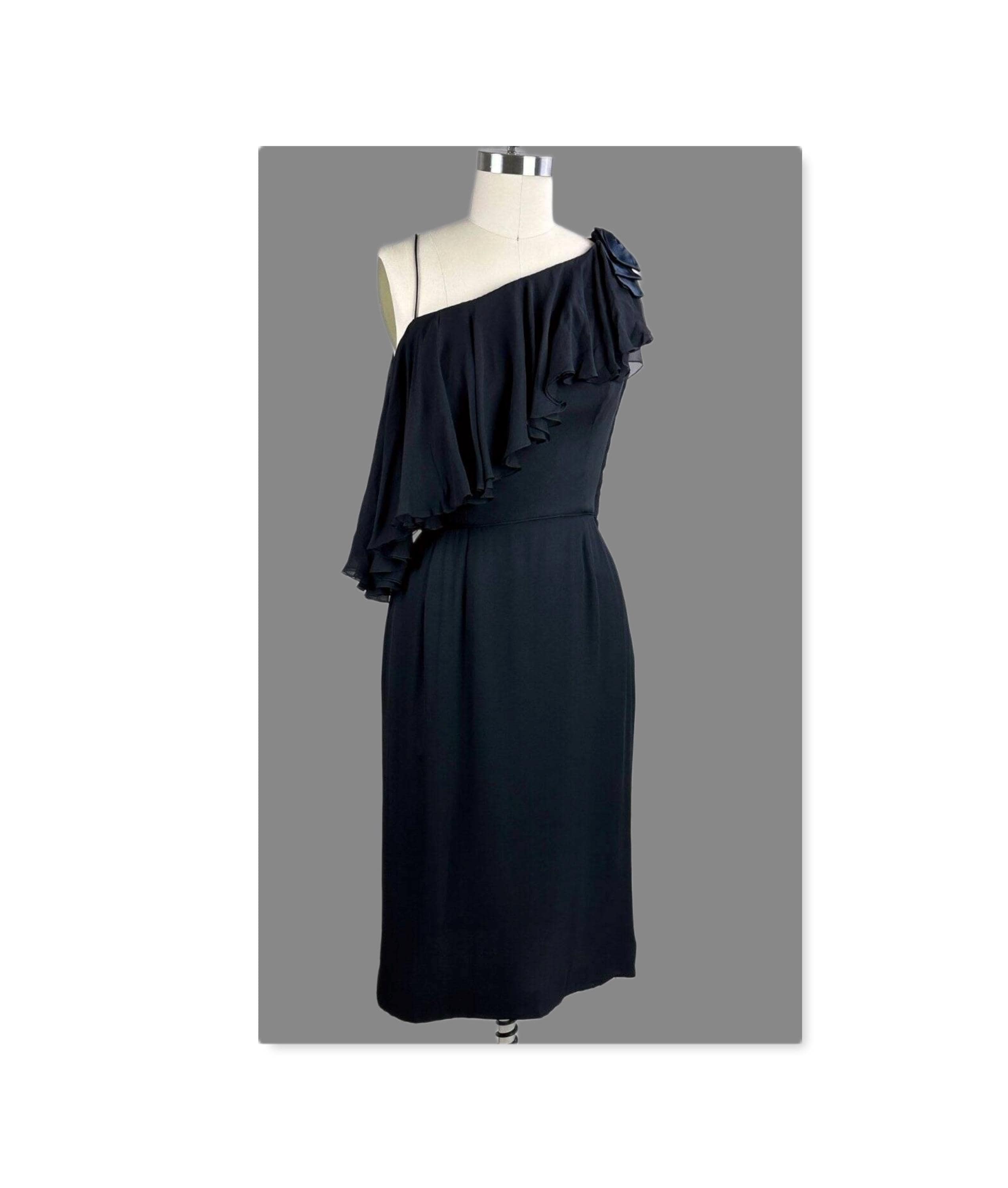 Vintage 50s Black Silk Chiffon One Shoulder Cocktail Dress