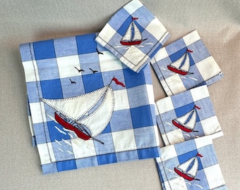 Vintage Blue and White Check Sailboat Luncheon Cloth with 4 Napkins, Novelty Print Tablecloth