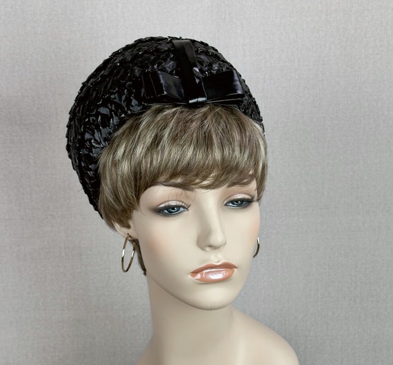 Vintage 60s Black Cello Straw Pillbox Hat by G Ho… - image 4