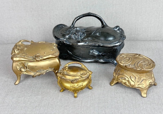 Vintage Lot of 4 Art Nouveau Jewelry Caskets, Jewelry Box, Jennings, B&W