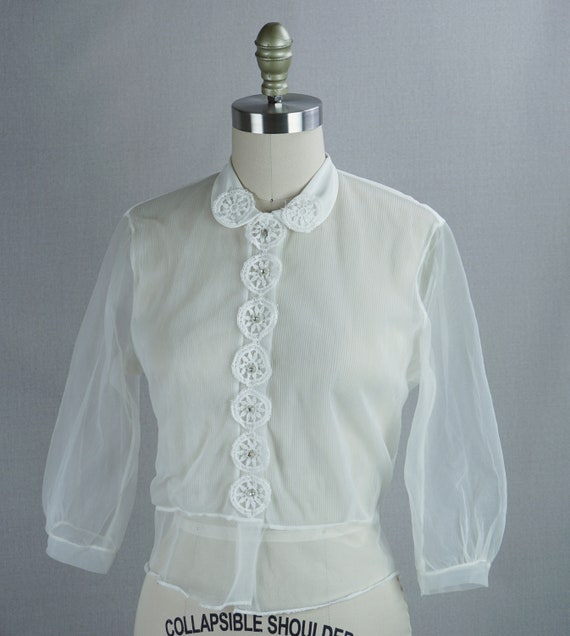 50s Sheer Nylon Suit Blouse w/ Rhinestone Buttons… - image 6