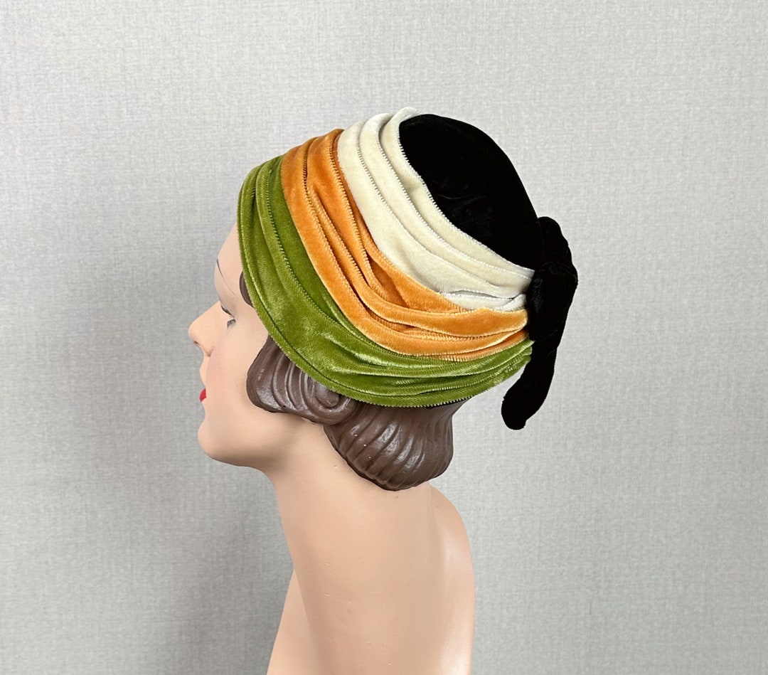 Vintage 1960s Velour Brimless Toque Style Hat, Black, Beige, Tangerine ...