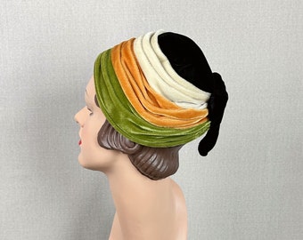 Vintage 1960s Velour Brimless Toque Style Hat, Black, Beige, Tangerine, Moss
