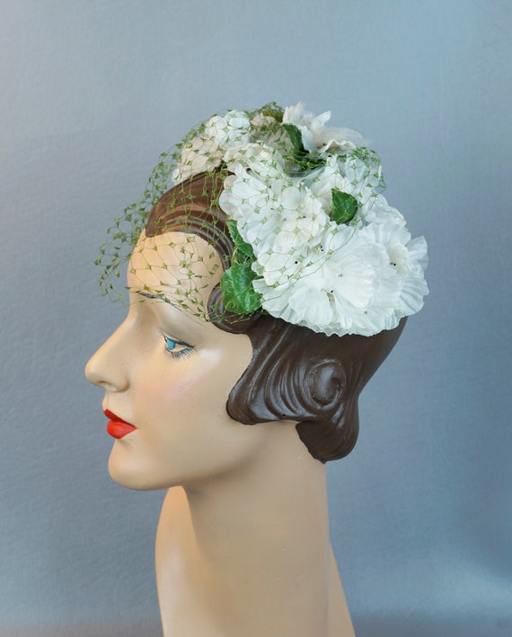 Vintage Hat, White Floral Clip Hat, Veiled Clip Ha
