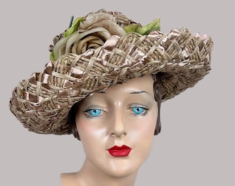 1960s Ivory and Beige Raffia Straw Riding Hat, Size 6 7/8 - Etsy display picture 1