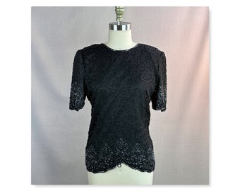 90s Black Silk Beaded Short Sleeve Formal - Evening Tunic by Scala, Sz S