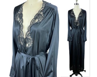 Vintage Olga Black Dressing Gown, Robe Sz L, Style 94250